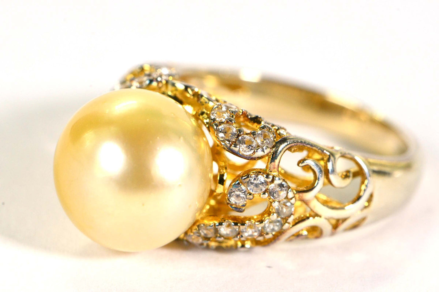 11mm South Sea Golden Pearl Ring: 14K Gold Over Sterling Silver