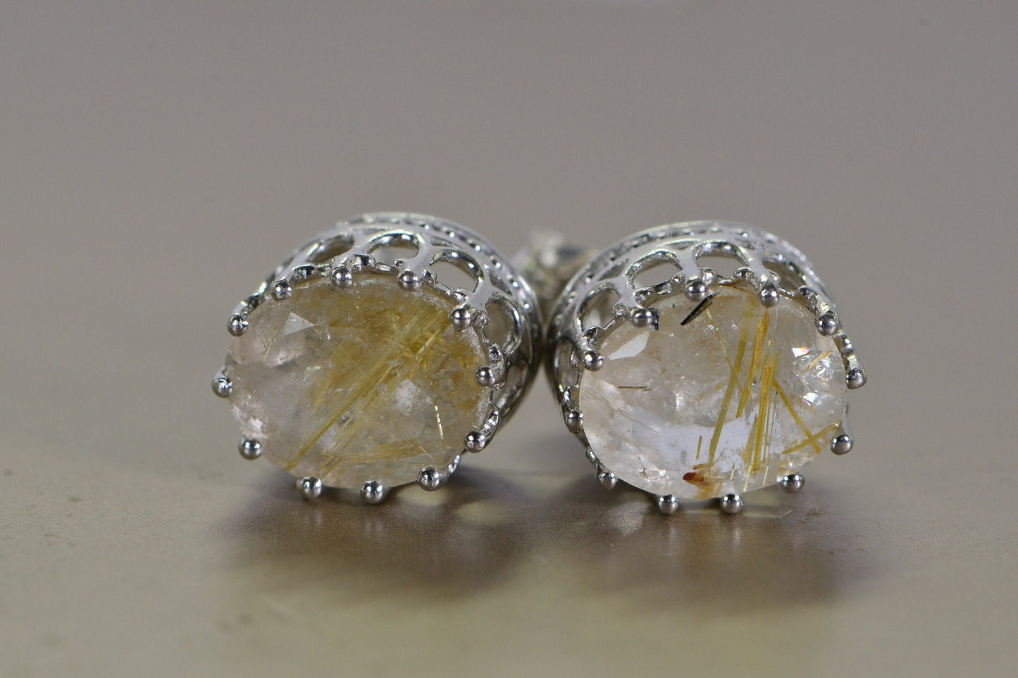 Golden Rutilated Quartz Stud Earrings: Sterling Silver, Oval Faceted Gem