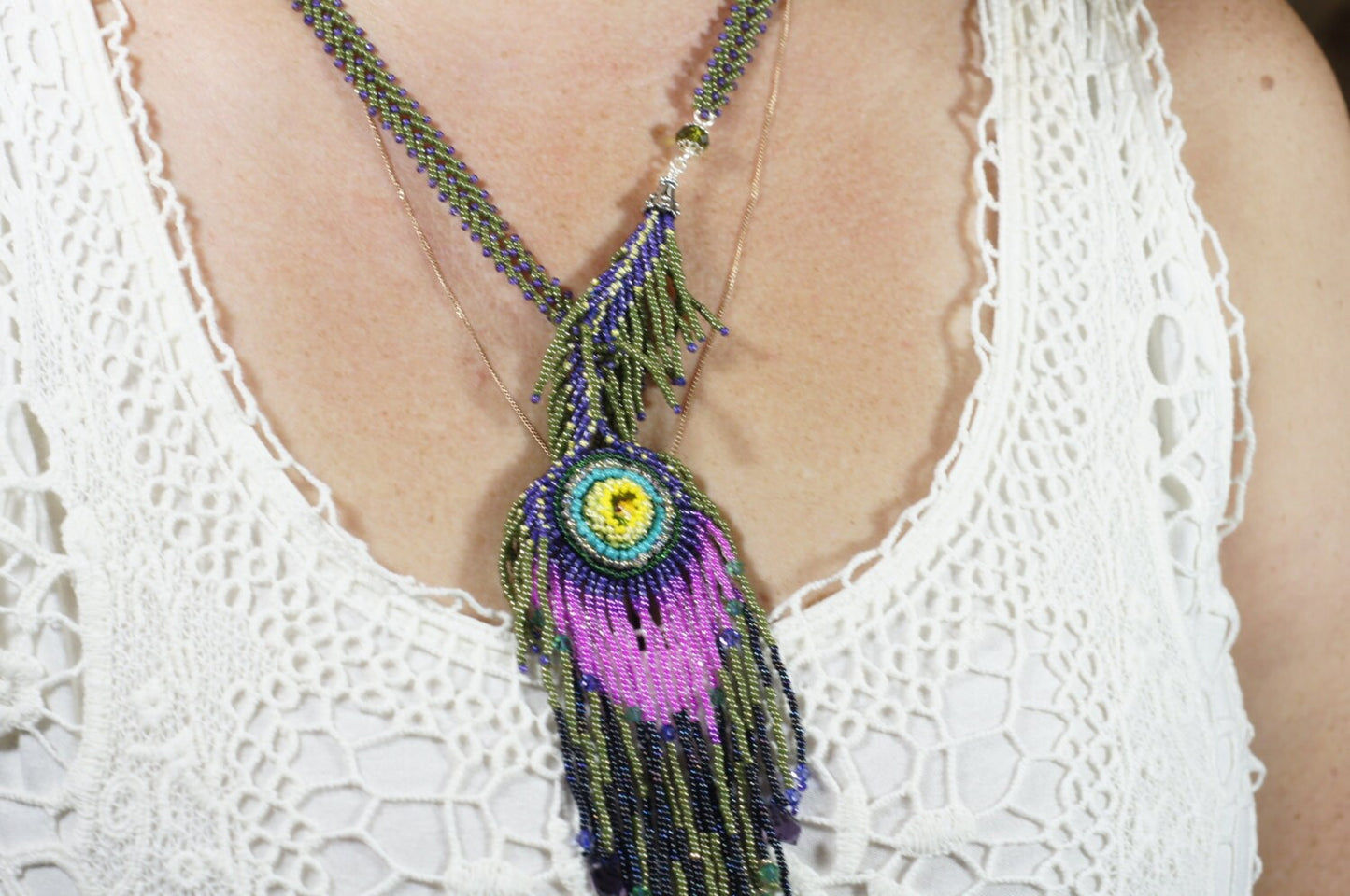 Peacock Feather Seed Bead Necklace, Lariat Earrings Set