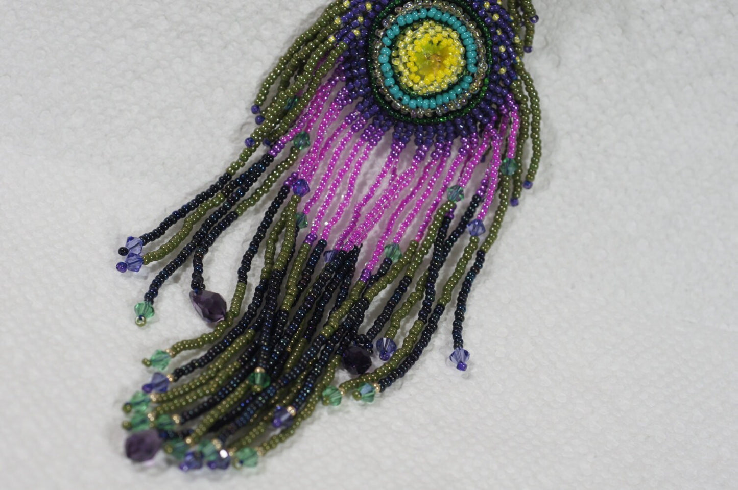 Peacock Feather Seed Bead Necklace, Lariat Earrings Set