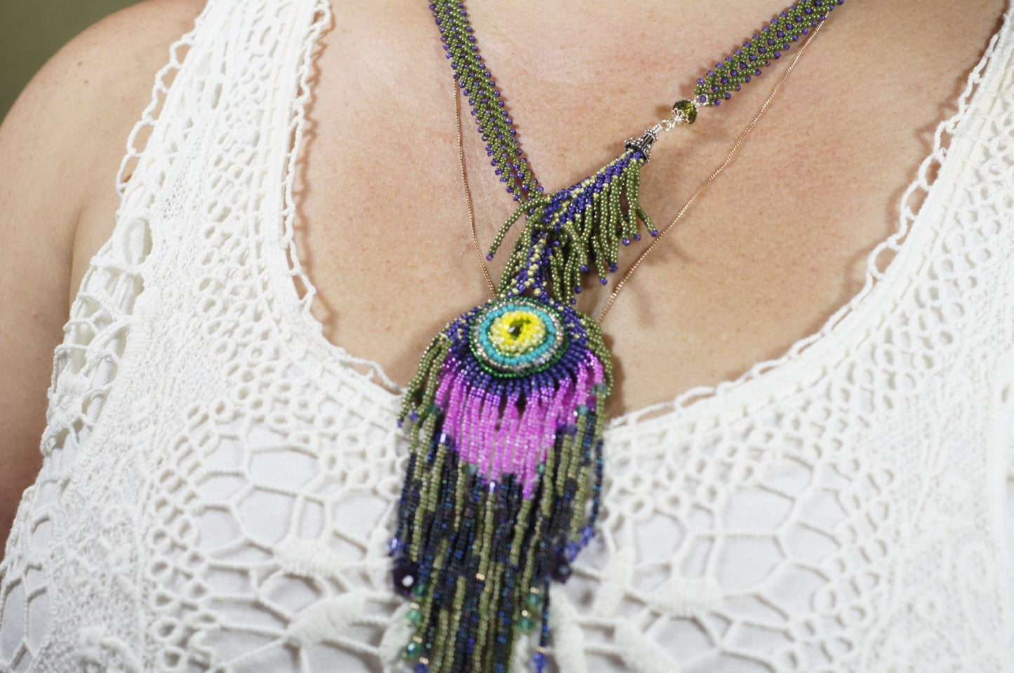 Peacock Feather Seed Bead Necklace, Lariat Earrings Set