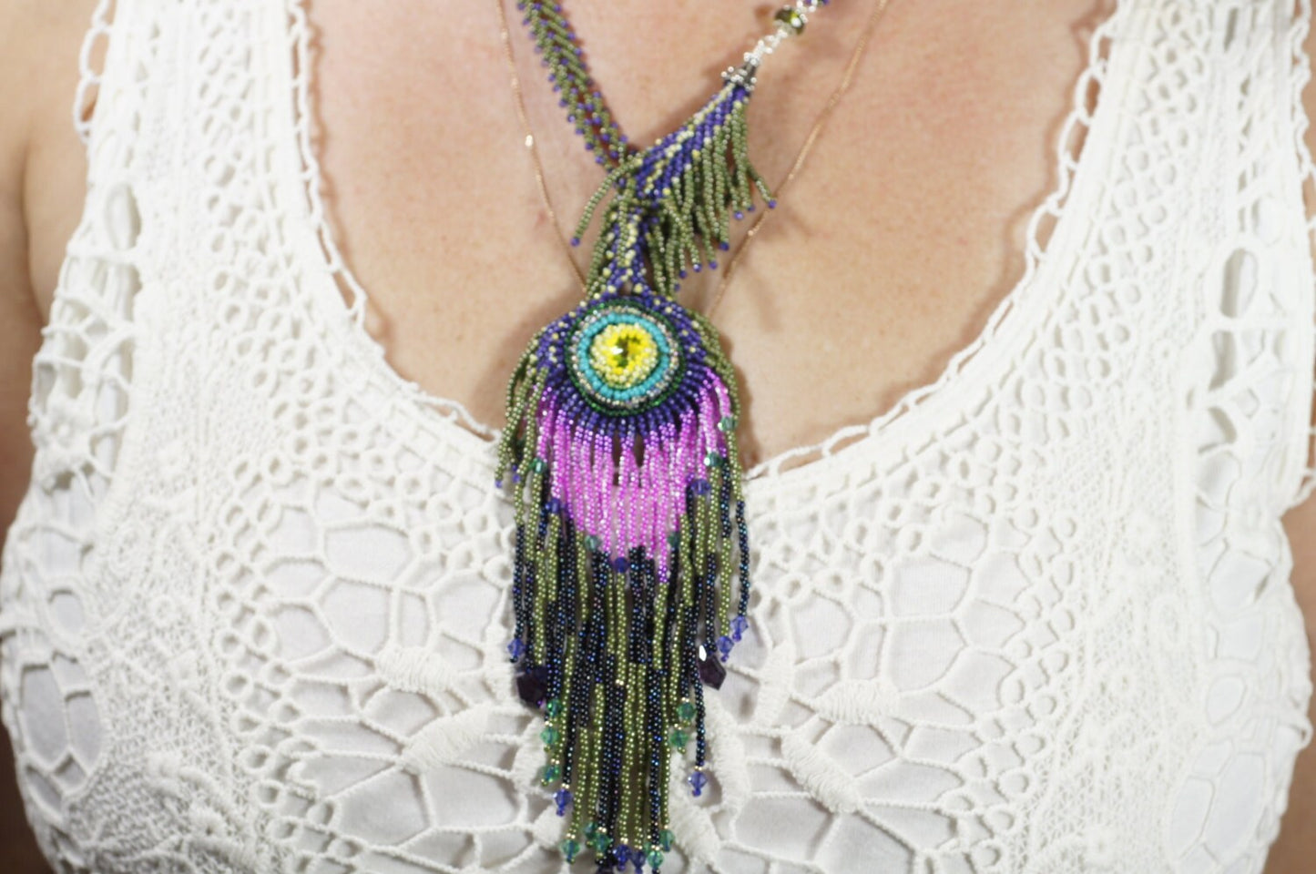 Peacock Feather Seed Bead Necklace, Lariat Earrings Set