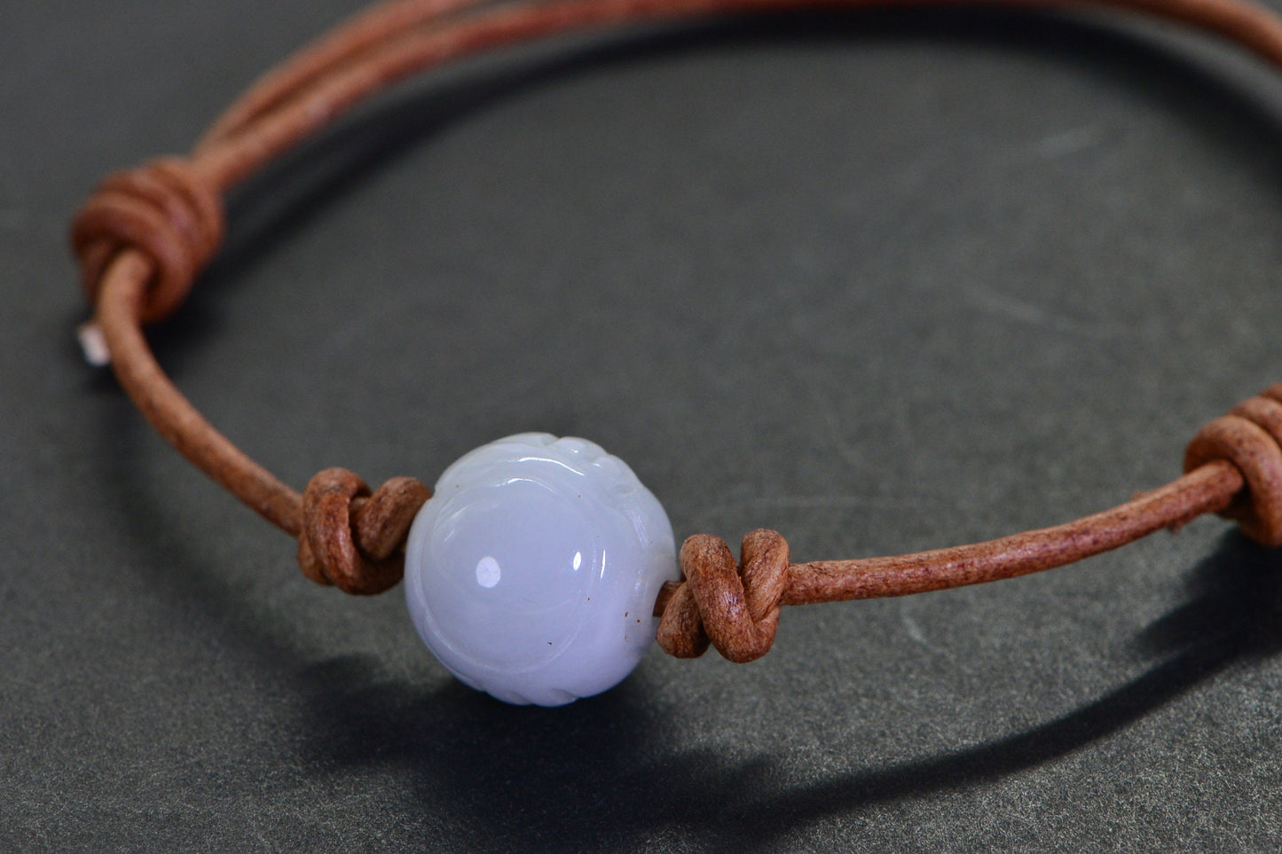 Handmade Burma White Jade Bracelet: Carved Round Bead, Light Brown Leather