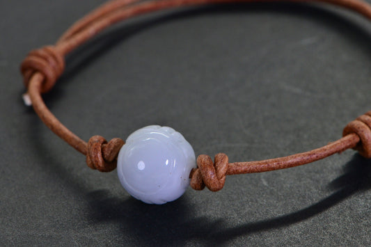 Handmade Burma White Jade Bracelet: Carved Round Bead, Light Brown Leather