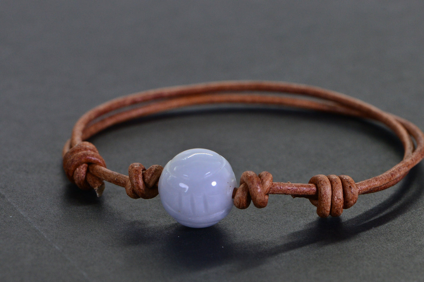 Handmade Burma White Jade Bracelet: Carved Round Bead, Light Brown Leather