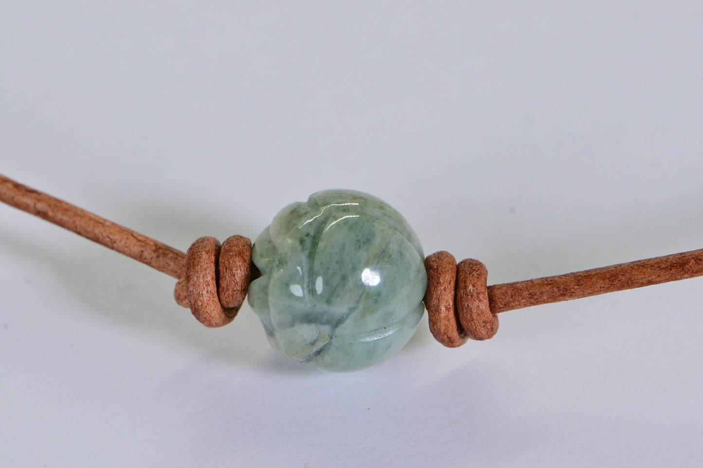 Burma Green Jade Carved Lotus Necklace: Leather Cord, Sterling Silver Clasp