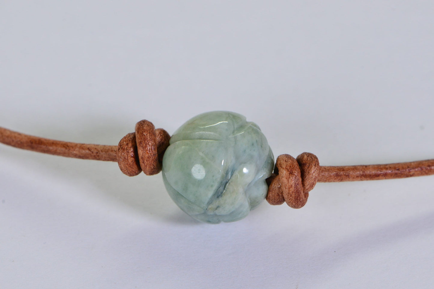 Burma Green Jade Carved Lotus Necklace: Leather Cord, Sterling Silver Clasp