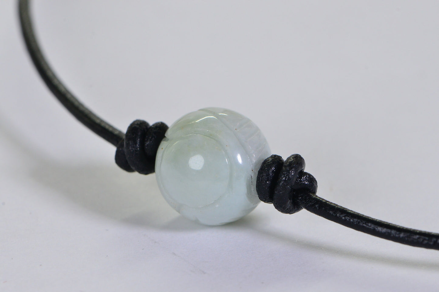 Ice Green Jade Necklace: Carved Burma Jade, Leather Cord Amulet