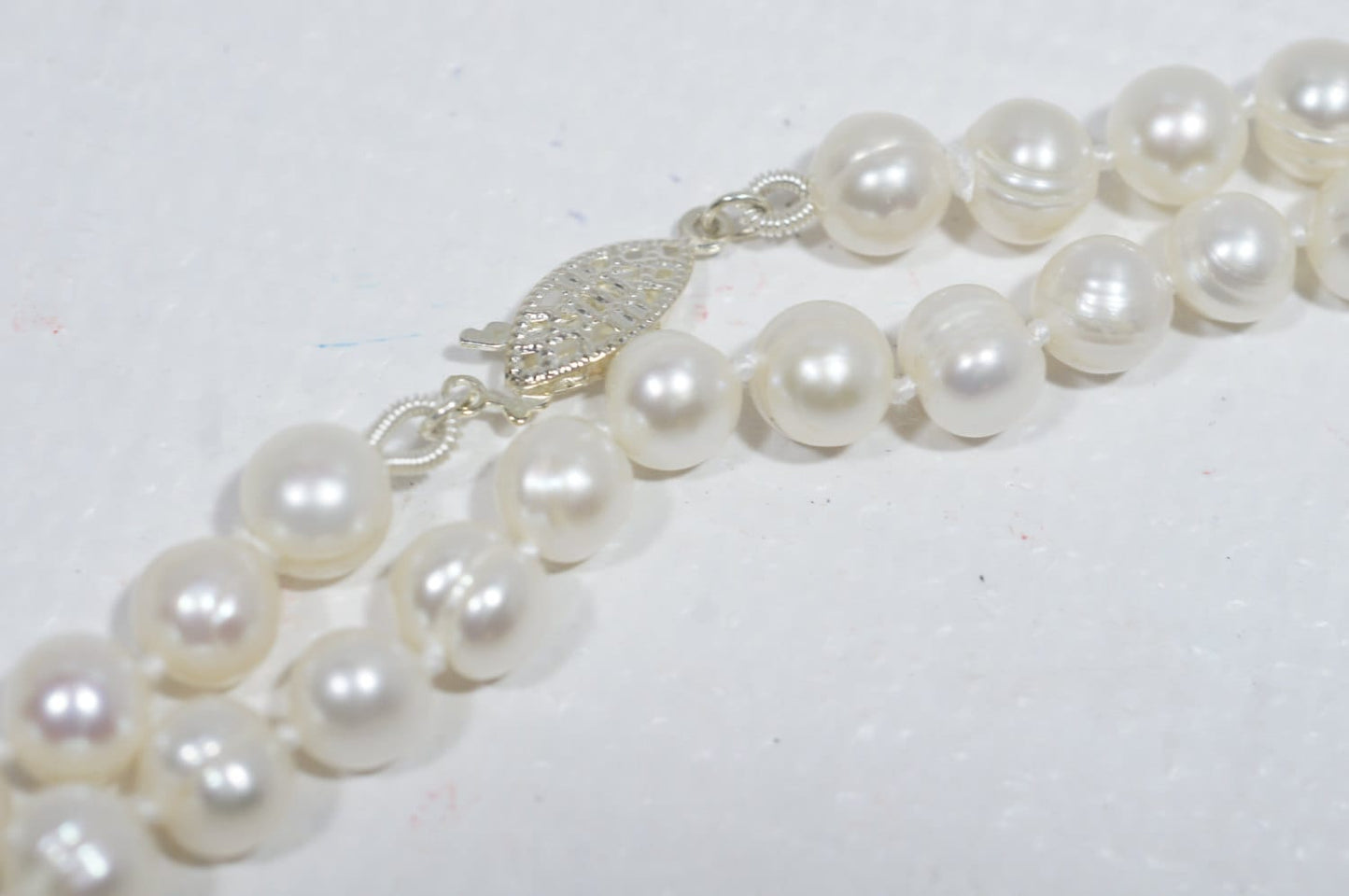 Freshwater Pearl Necklace: 7-8mm Knotted Pearls, Silver Clasp, 27 Inch