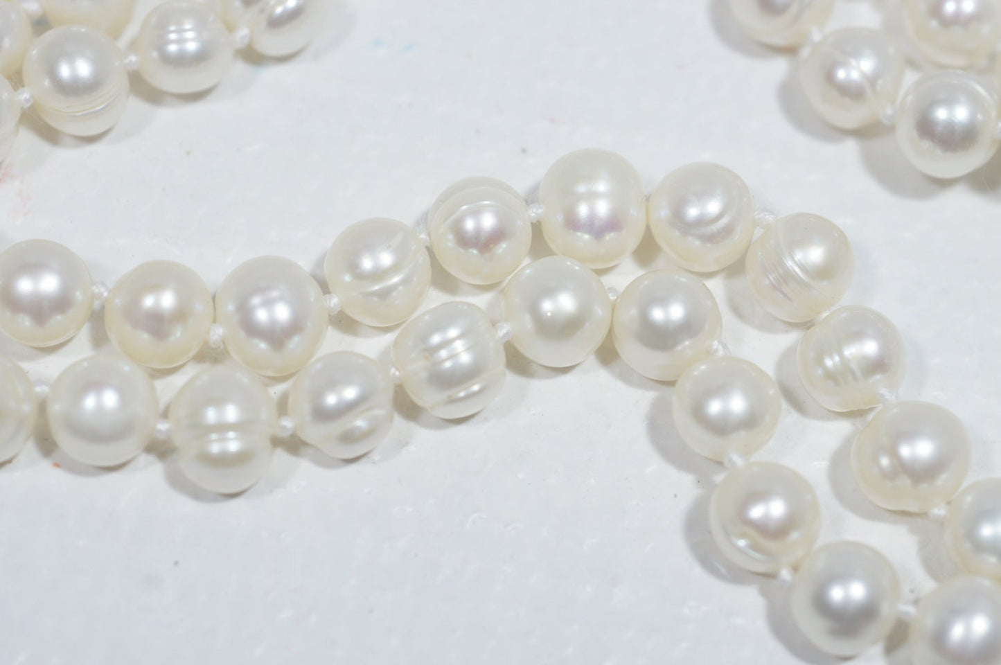 Freshwater Pearl Necklace: 7-8mm Knotted Pearls, Silver Clasp, 27 Inch