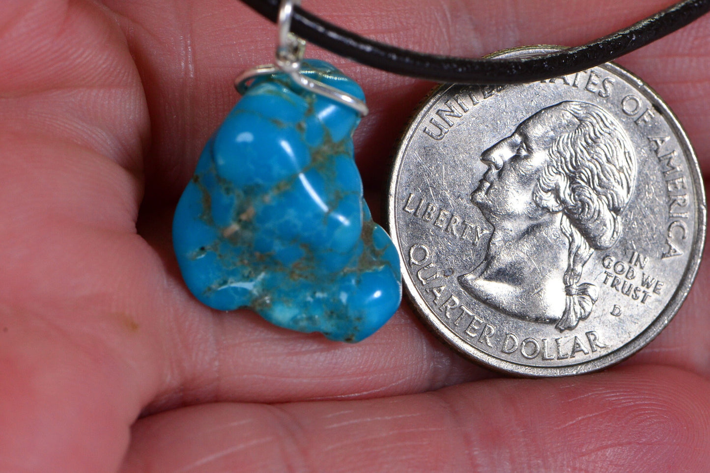 Arizona Turquoise Nugget Pendant: Sterling Silver Wire Wrapped Leather Necklace