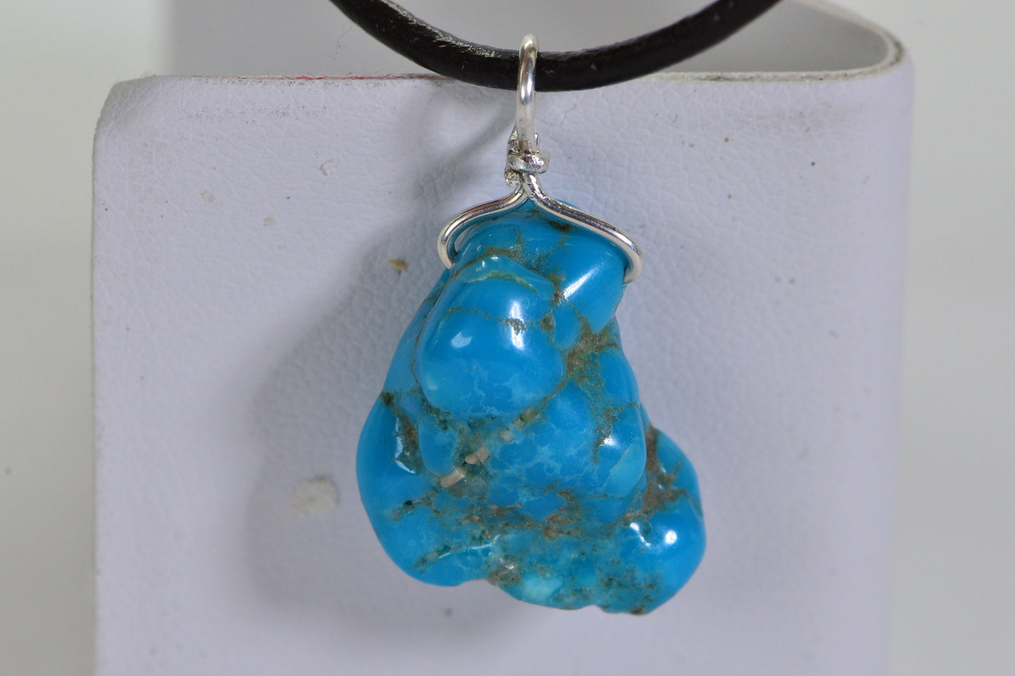 Arizona Turquoise Nugget Pendant: Sterling Silver Wire Wrapped Leather Necklace