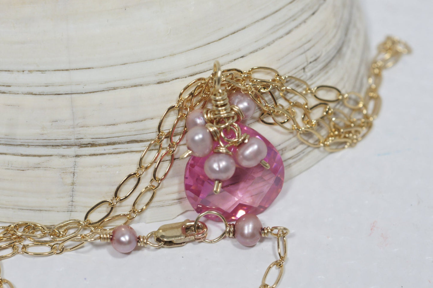 Pink Pearl and Cubic Zirconia Necklace 14k Gold Filled Jewelry Gemstone Necklace