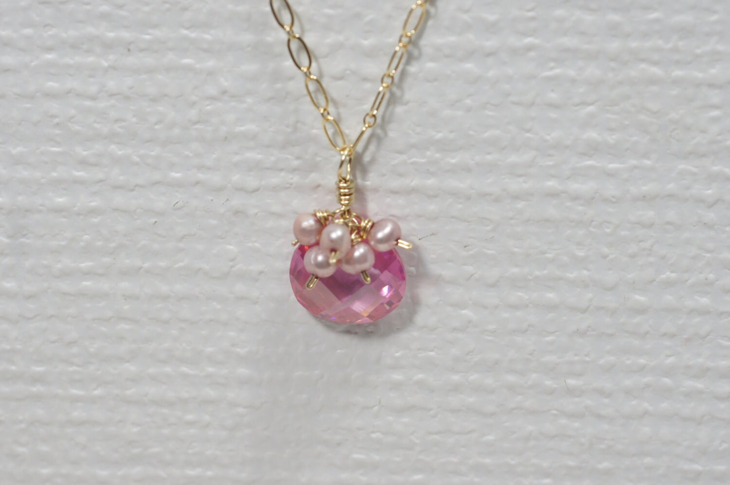 Pink Pearl and Cubic Zirconia Necklace 14k Gold Filled Jewelry Gemstone Necklace