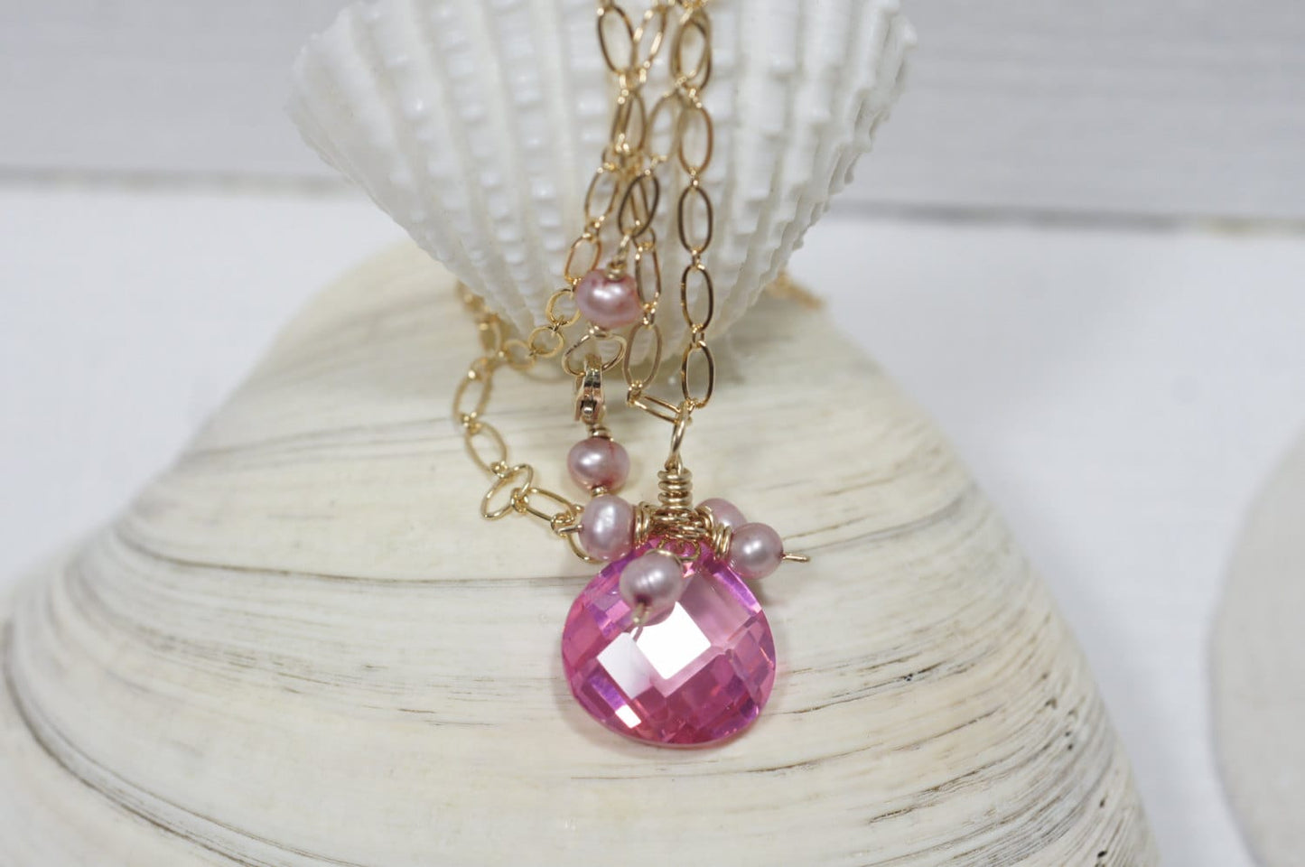 Pink Pearl and Cubic Zirconia Necklace 14k Gold Filled Jewelry Gemstone Necklace