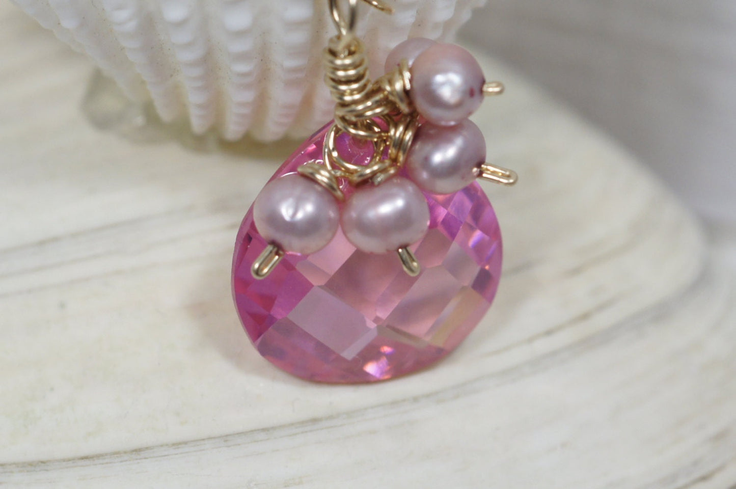 Pink Pearl and Cubic Zirconia Necklace 14k Gold Filled Jewelry Gemstone Necklace