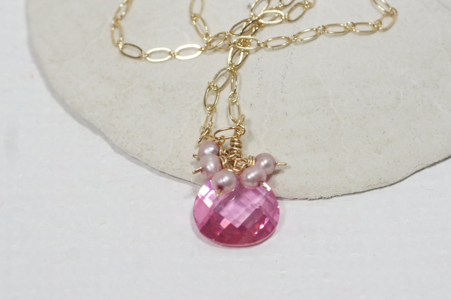 Pink Pearl and Cubic Zirconia Necklace 14k Gold Filled Jewelry Gemstone Necklace