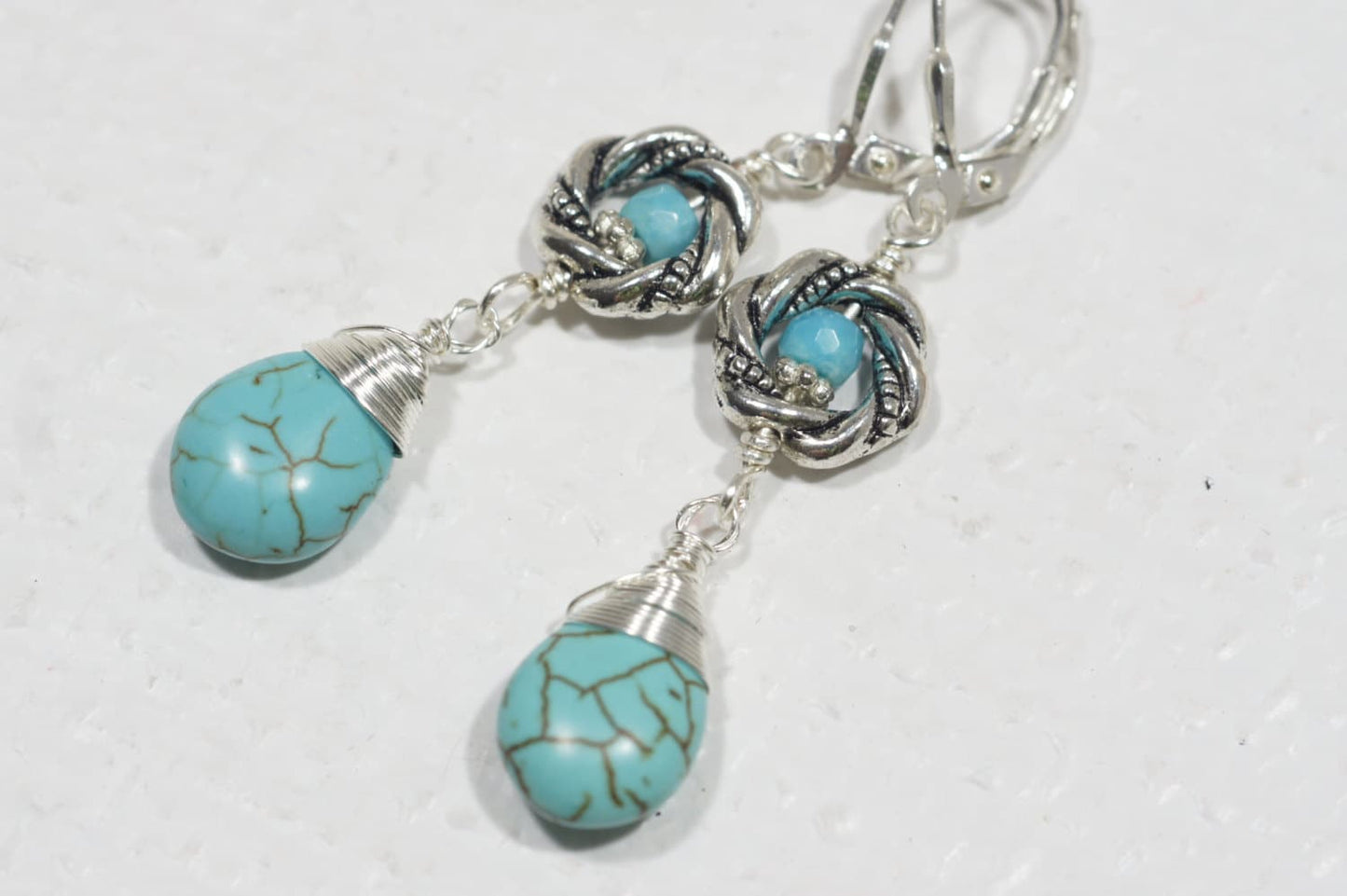 Turquoise Dangle Earrings, Tibetan Style, Sterling Silver