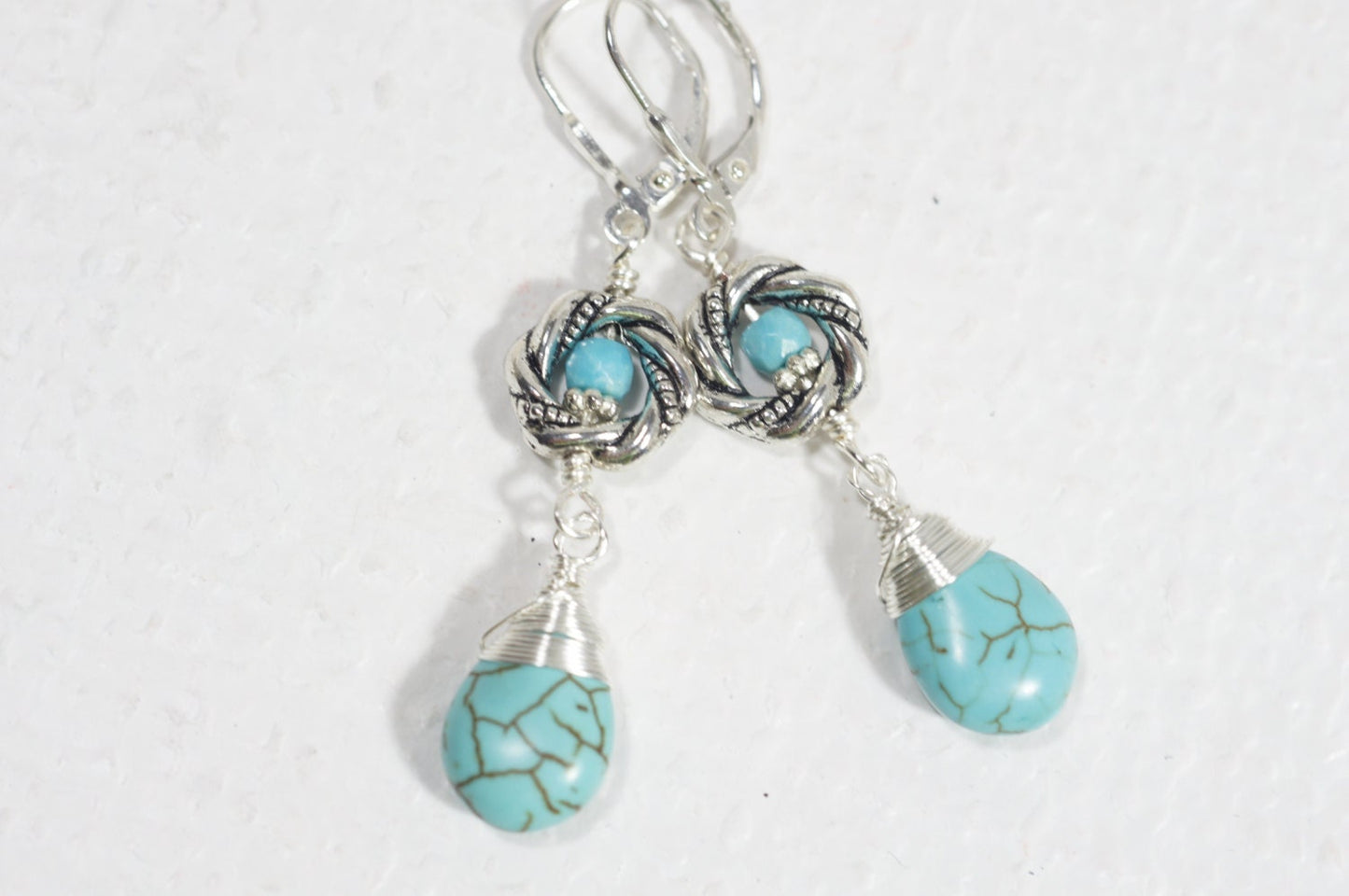 Turquoise Dangle Earrings, Tibetan Style, Sterling Silver