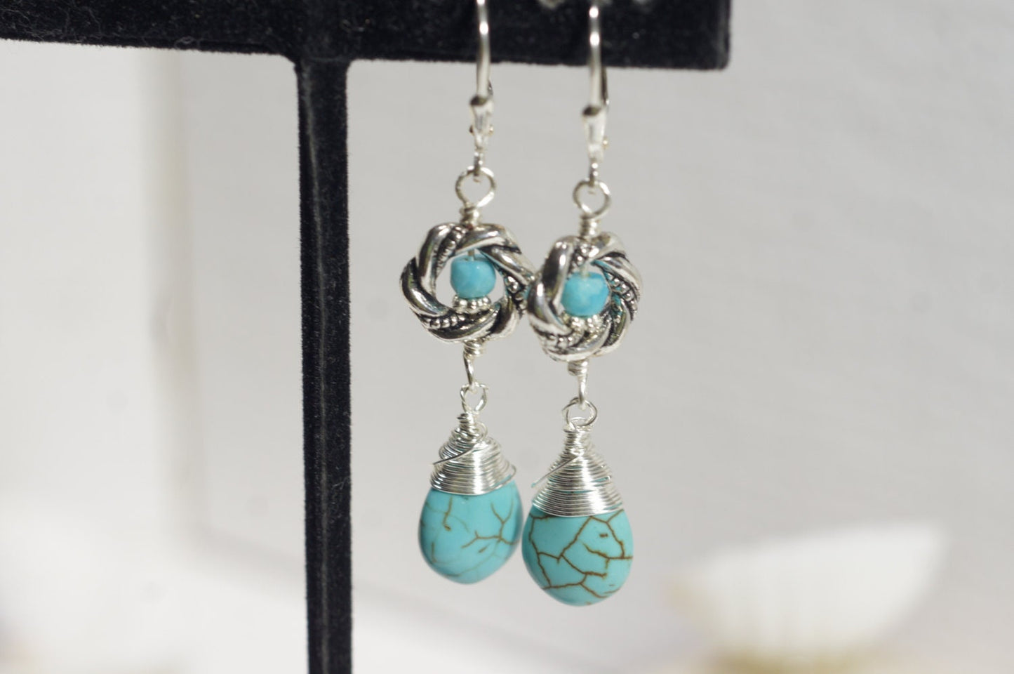 Turquoise Dangle Earrings, Tibetan Style, Sterling Silver