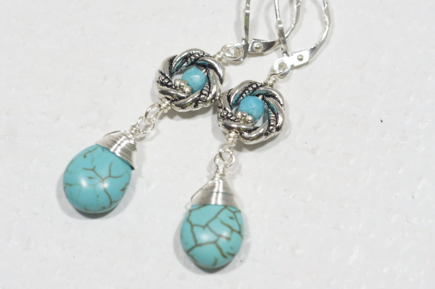 Turquoise Dangle Earrings, Tibetan Style, Sterling Silver