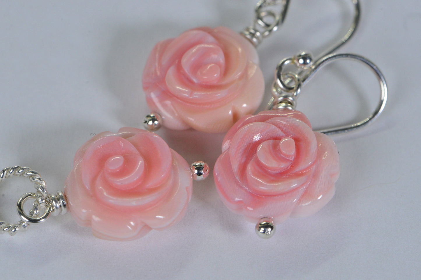 14K Gold Queen Conch Rose Earrings: Carved Pink Flower Shell