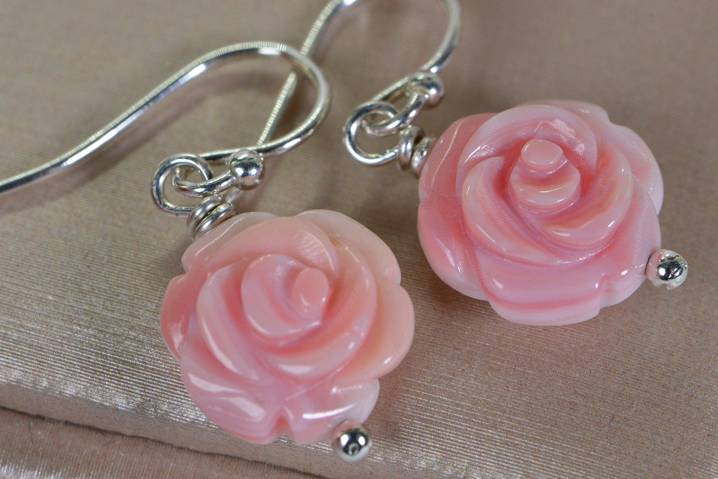 Pink Conch Shell Rose Earrings: Carved Flower, Sterling Silver
