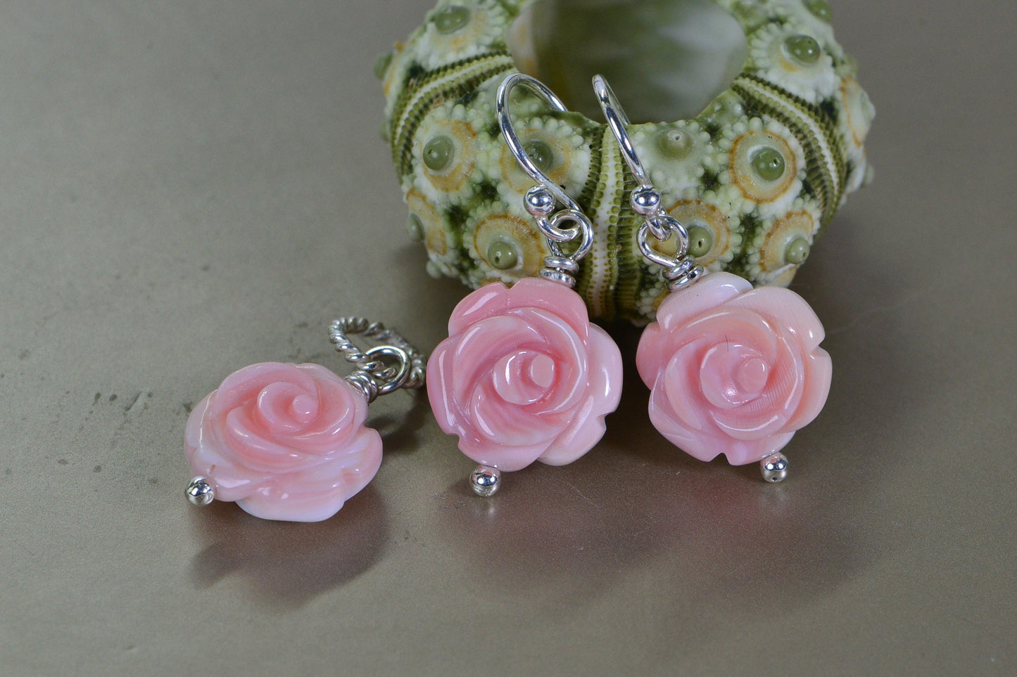 Pink Conch Shell Rose Earrings: Carved Flower, Sterling Silver