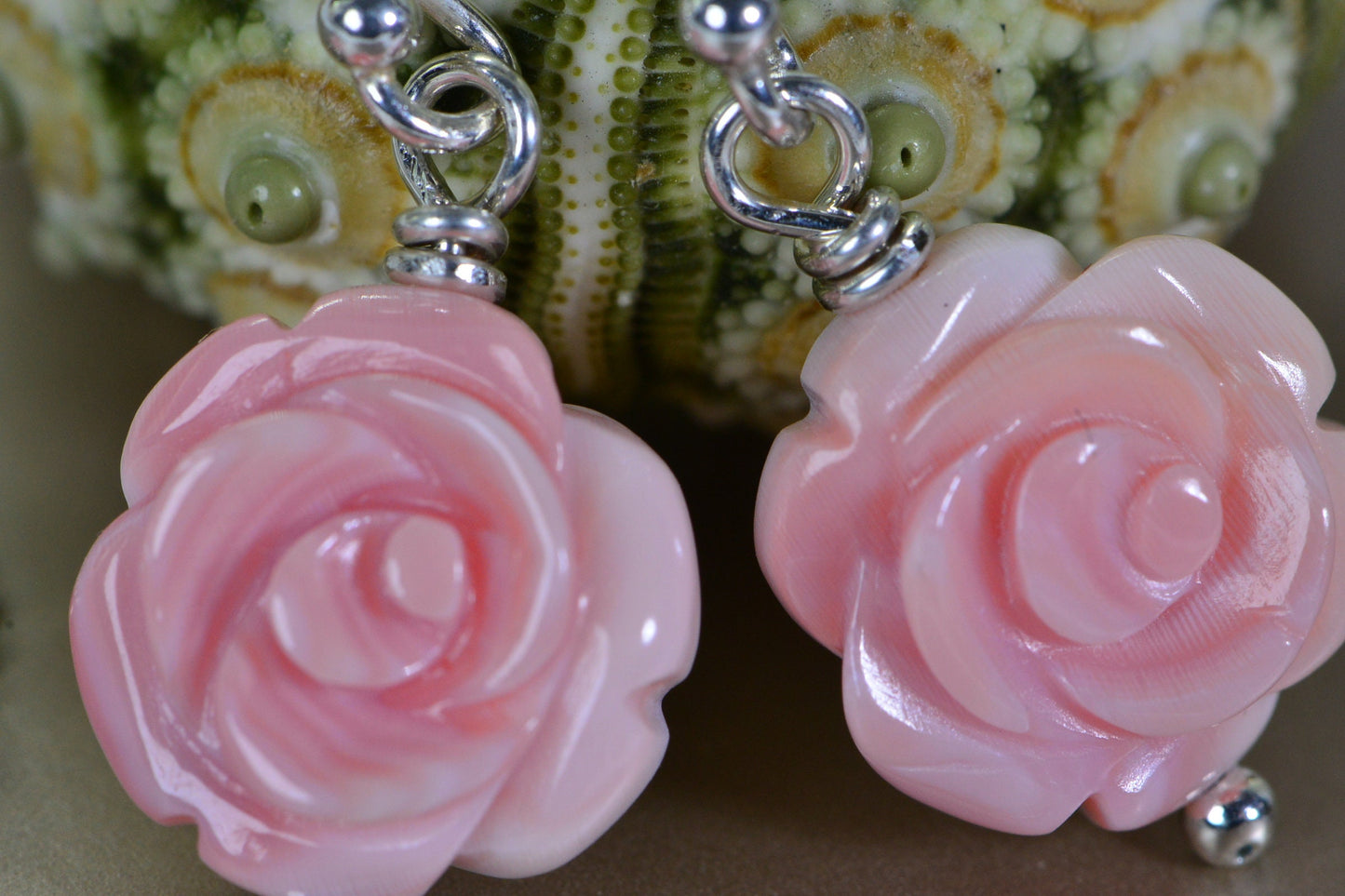 Pink Conch Shell Rose Earrings: Carved Flower, Sterling Silver