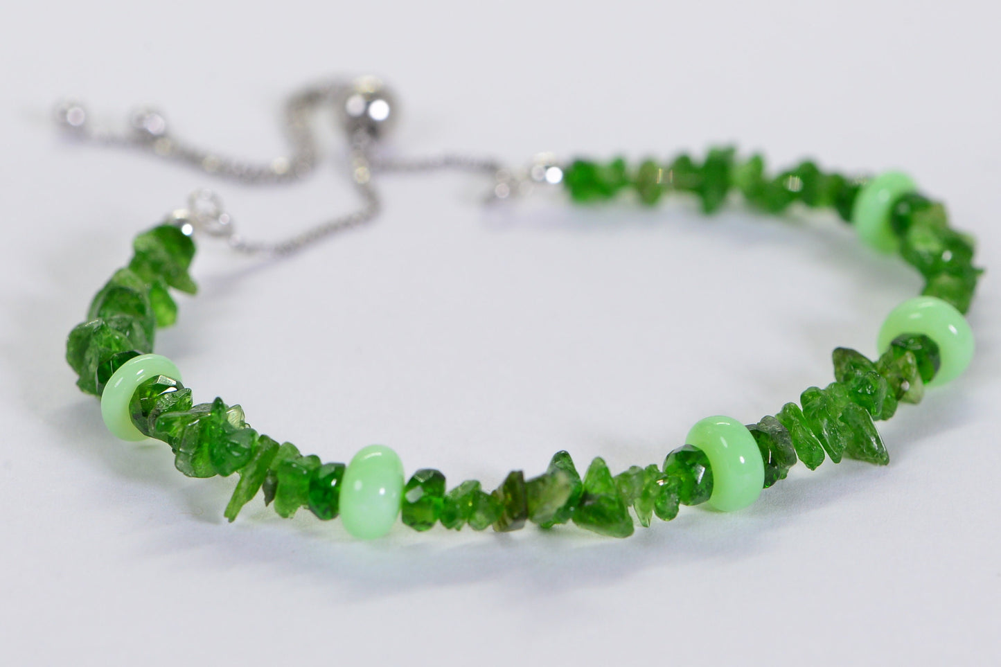 Moldavite, Diopside & Green Opal Beaded Bracelet - Sterling Silver Bolo