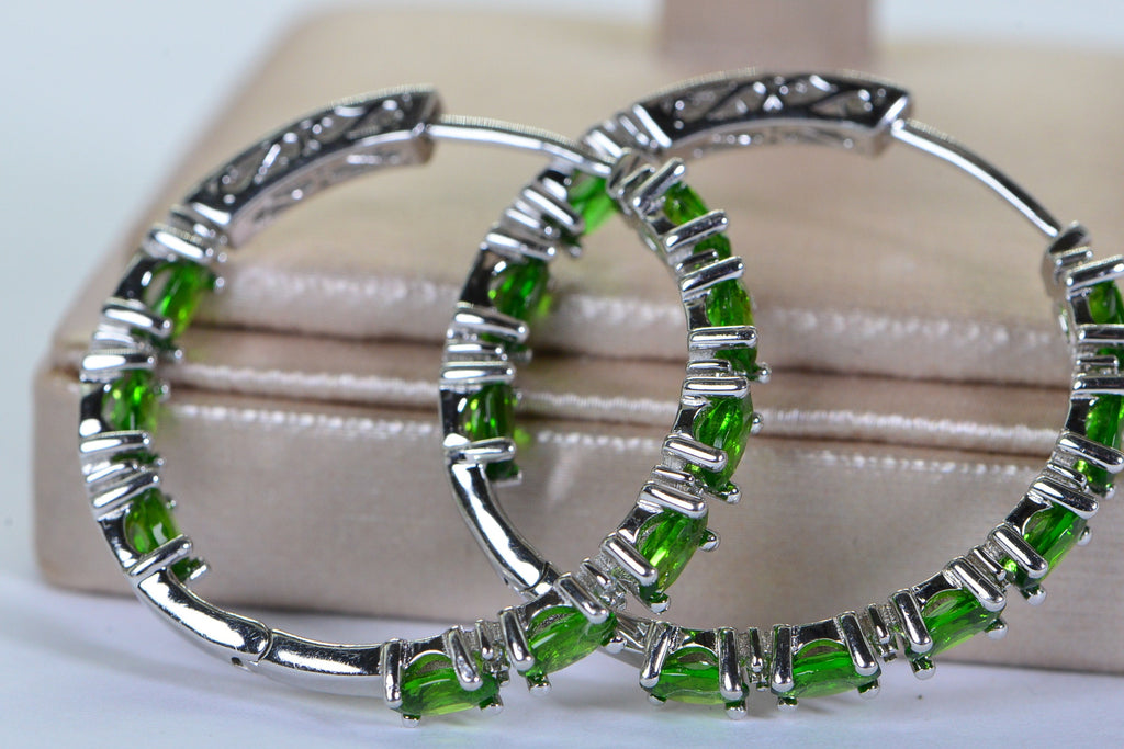 Chrome Diopside Sterling Silver Hoop Earrings: Natural Gemstone Hinged Hoops