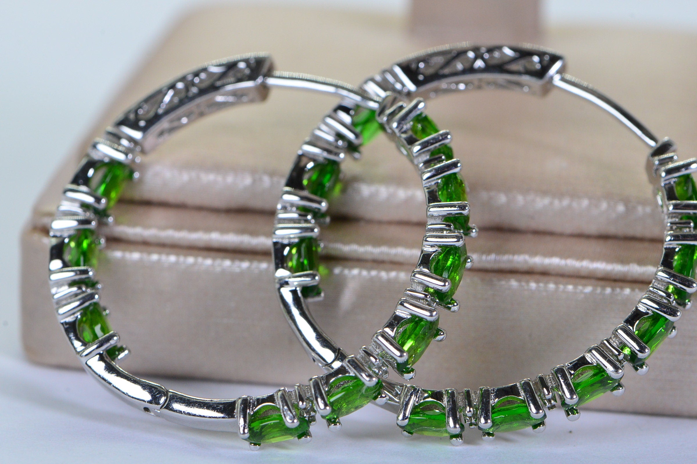 Chrome Diopside Sterling Silver Hoop Earrings: Natural Gemstone Hinged Hoops