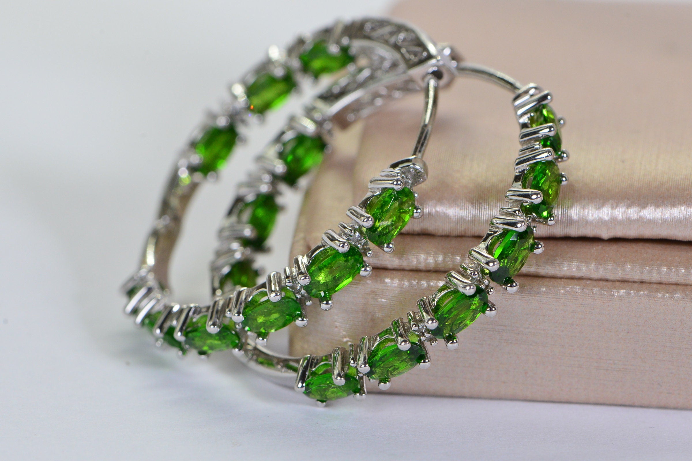 Chrome Diopside Sterling Silver Hoop Earrings: Natural Gemstone Hinged Hoops