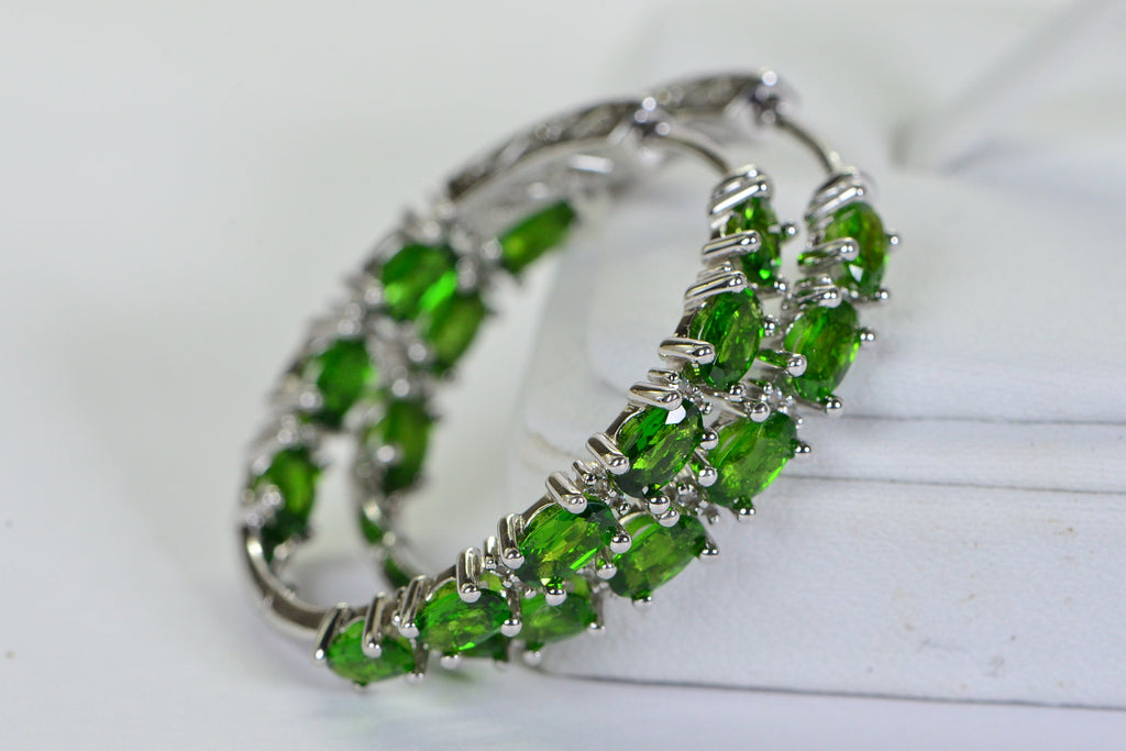 Chrome Diopside Sterling Silver Hoop Earrings: Natural Gemstone Hinged Hoops