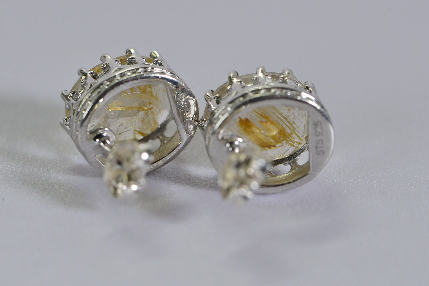 Golden Rutilated Quartz Stud Earrings: Sterling Silver, Oval Faceted Gem