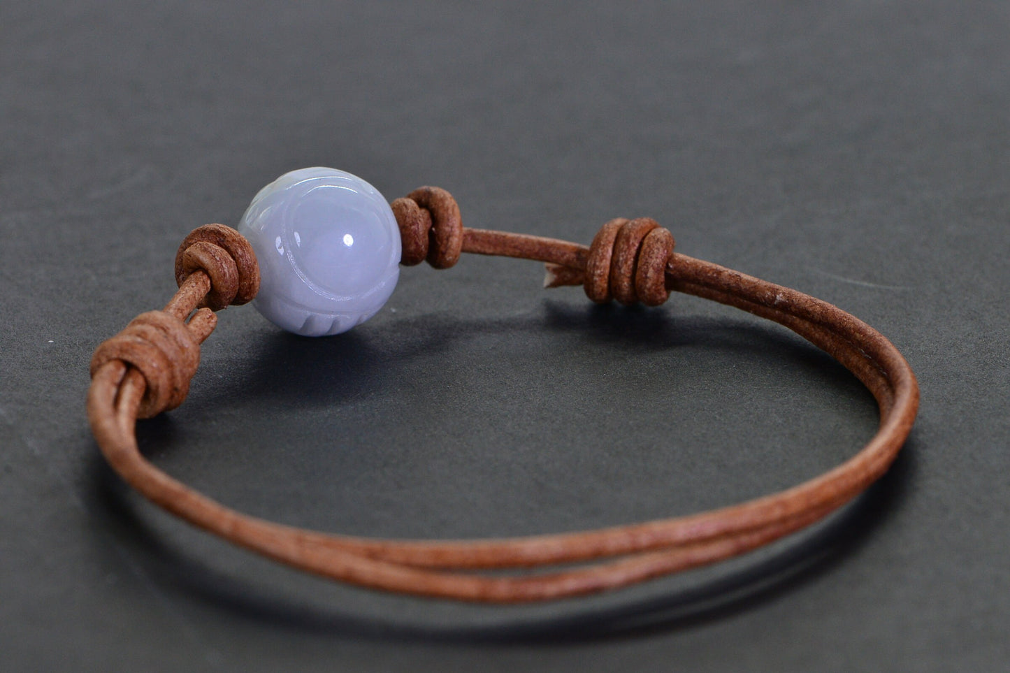 Handmade Burma White Jade Bracelet: Carved Round Bead, Light Brown Leather
