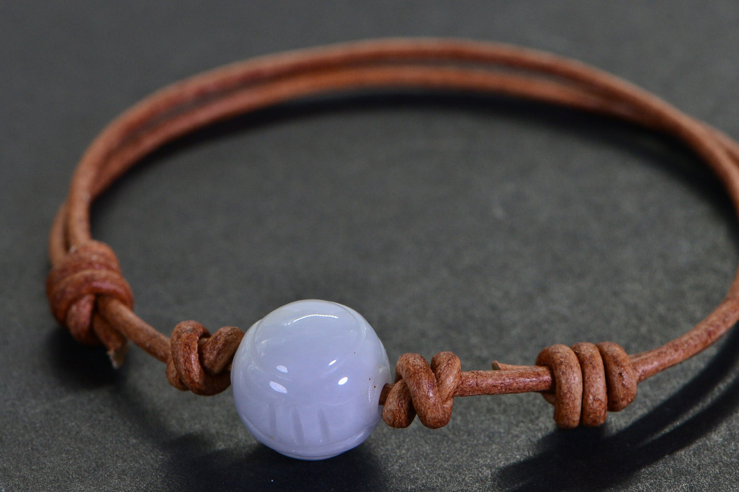 Handmade Burma White Jade Bracelet: Carved Round Bead, Light Brown Leather