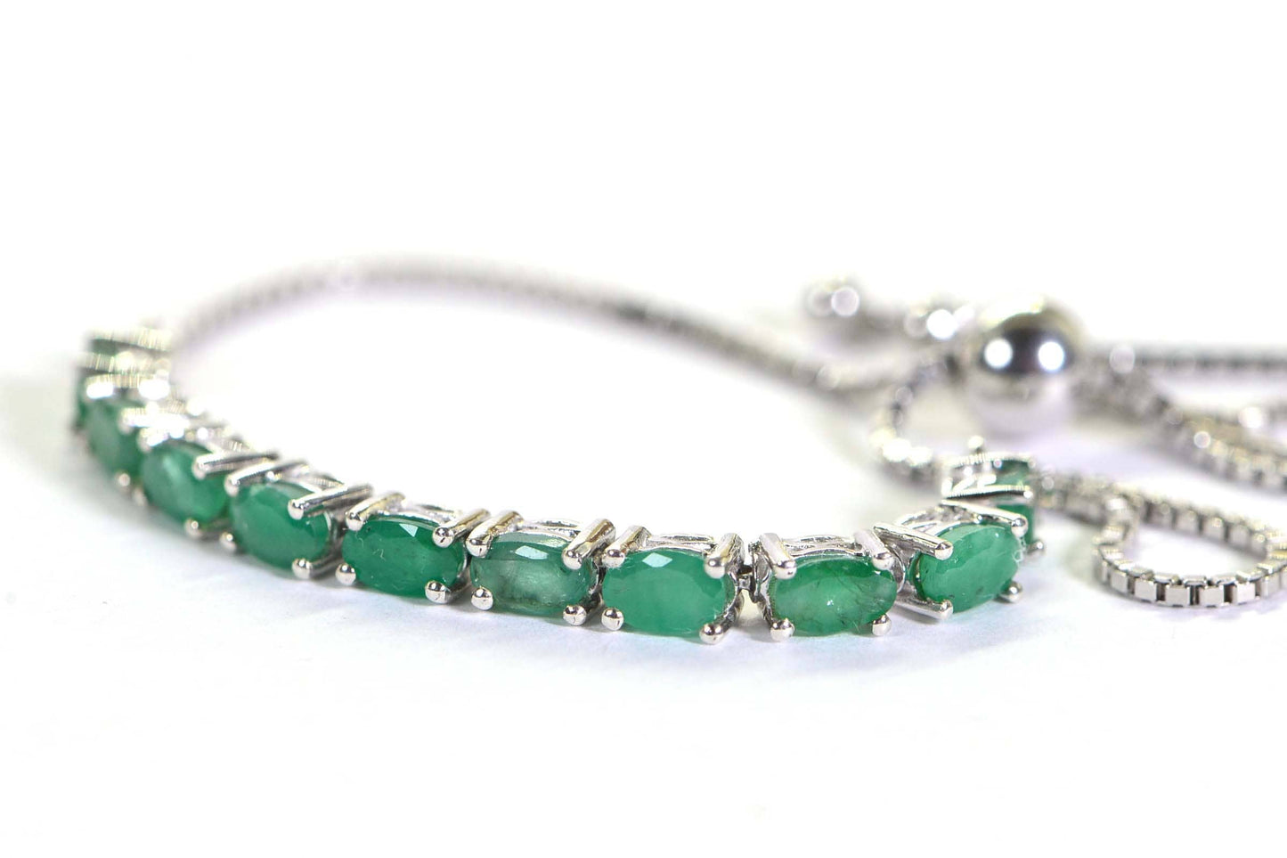 Colombian Emerald Bracelet, Rhodium Sterling Silver Bolo Bracelet, May Birthstone