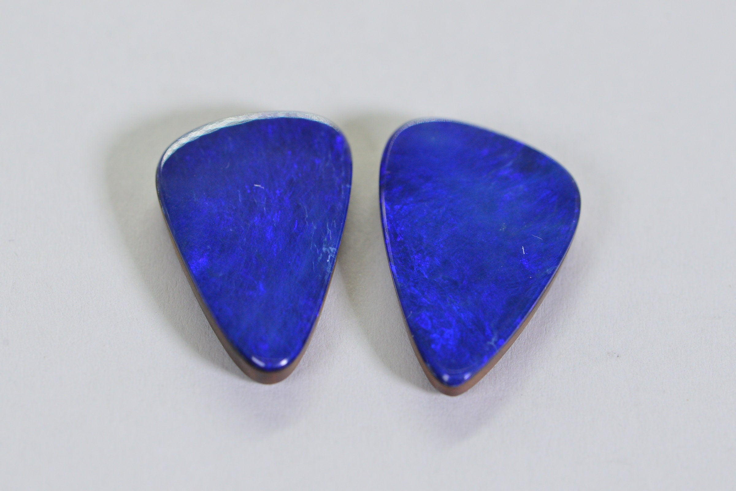 Australian Black Opal Doublet Cabochons: Blue Triangle Gemstone Earrings (20x13mm)