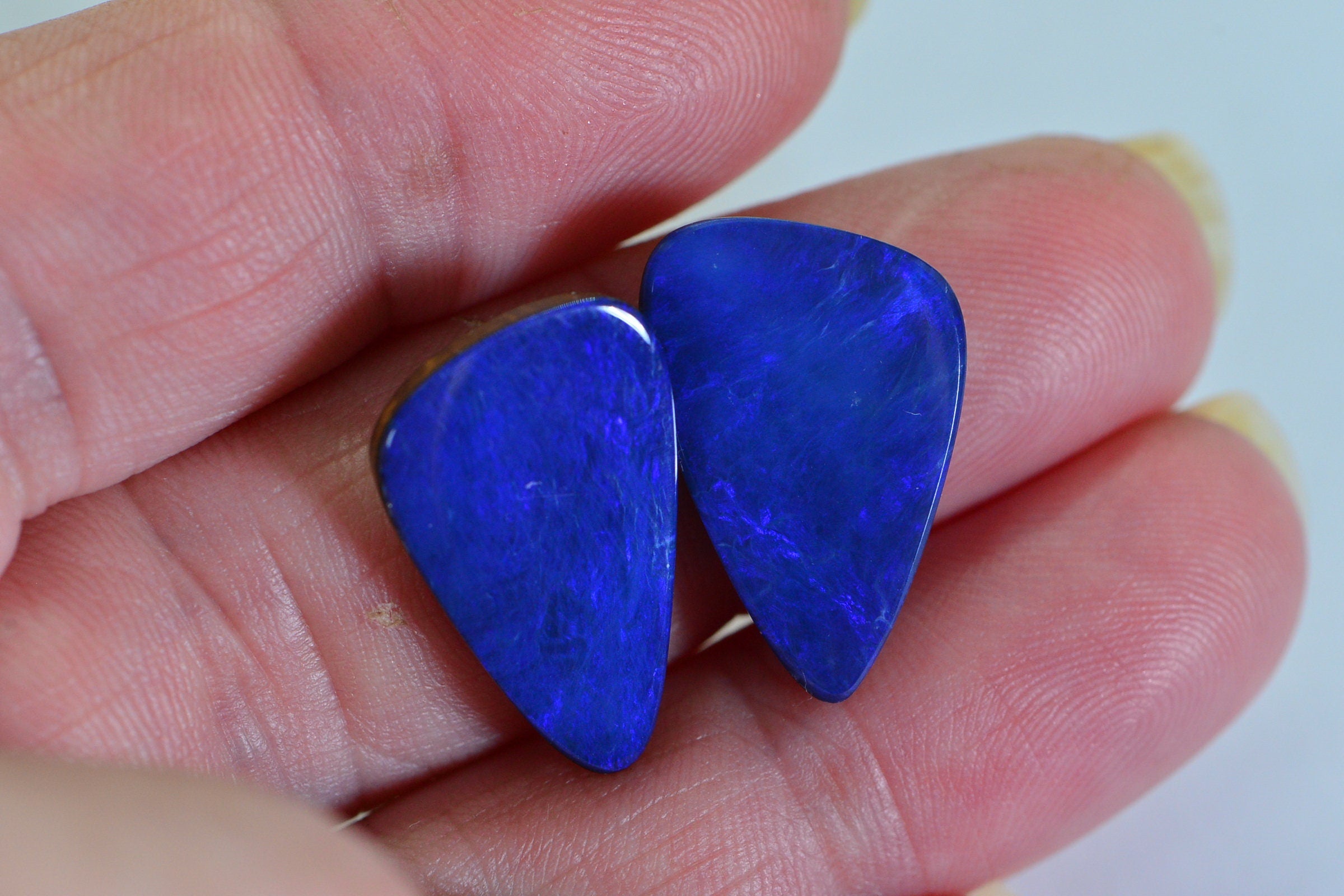 Australian Black Opal Doublet Cabochons: Blue Triangle Gemstone Earrings (20x13mm)