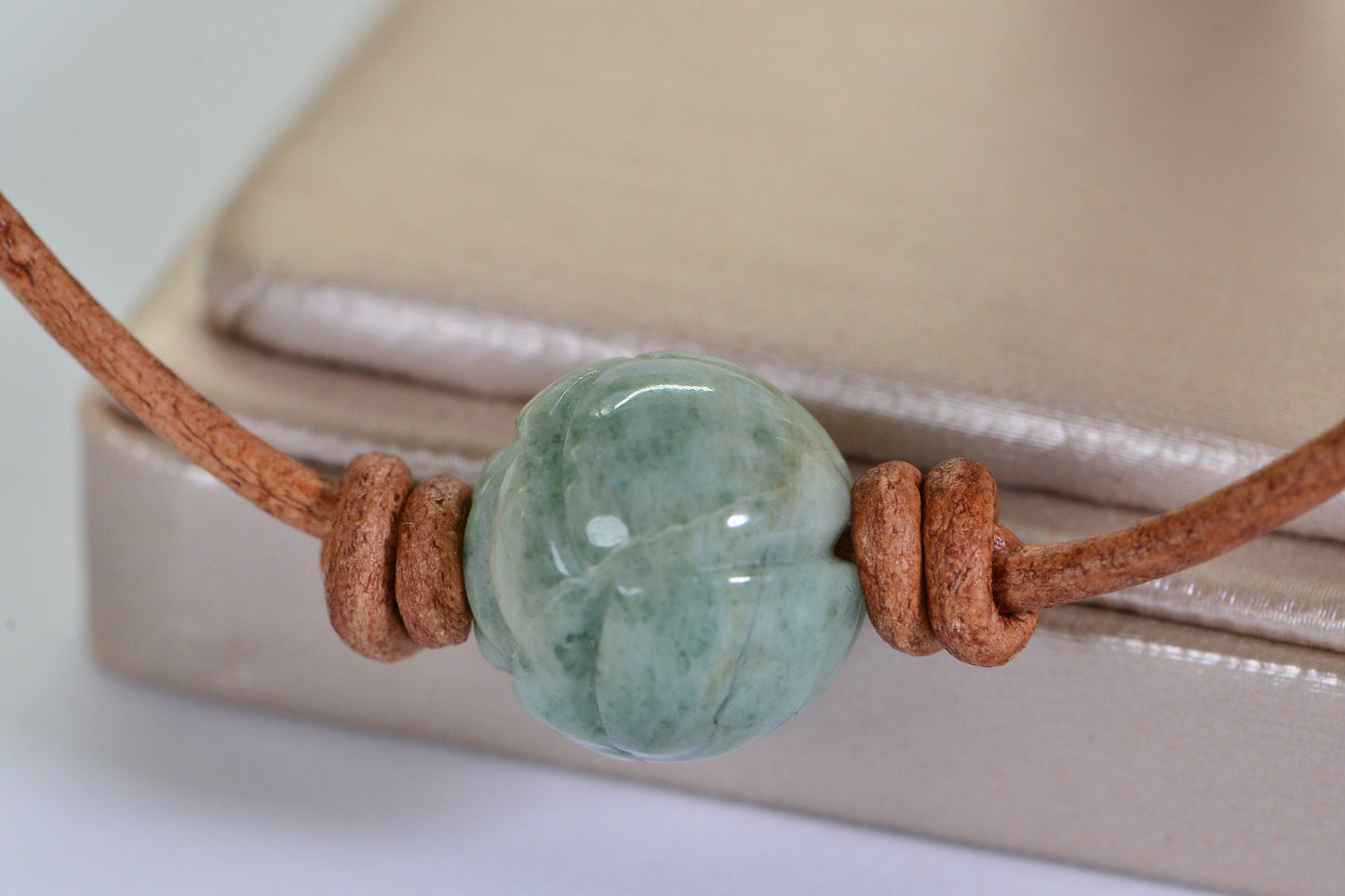 Burma Green Jade Carved Lotus Necklace: Leather Cord, Sterling Silver Clasp