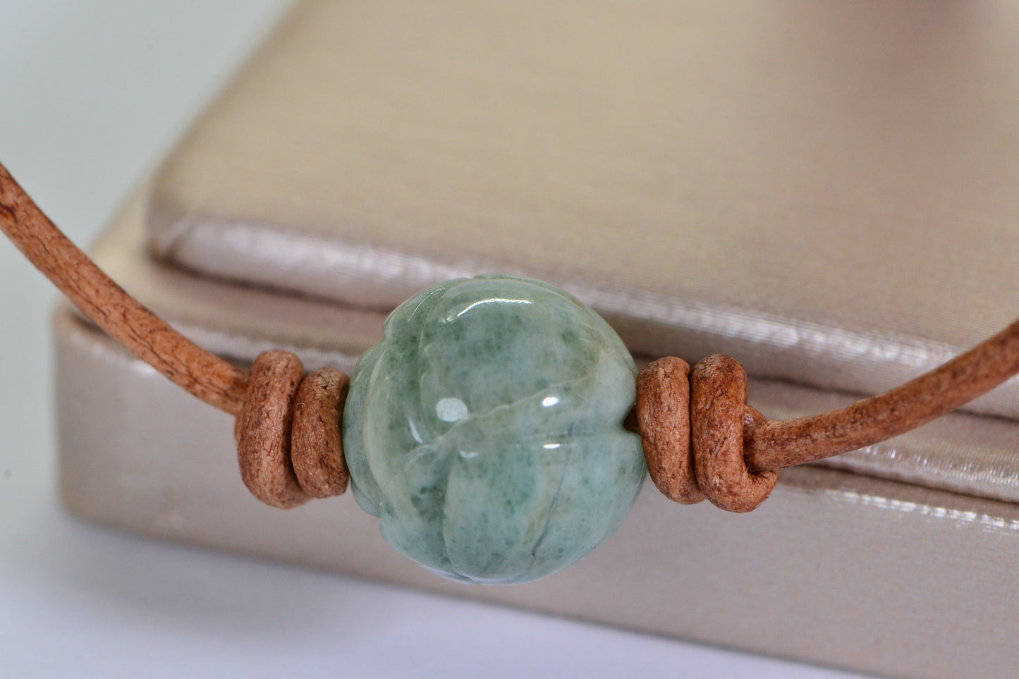 Burma Green Jade Carved Lotus Necklace: Leather Cord, Sterling Silver Clasp
