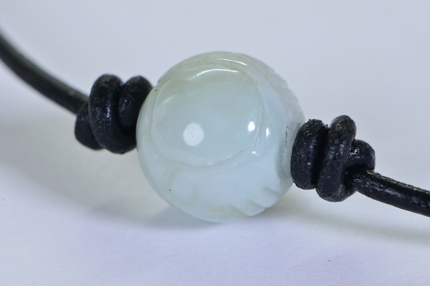 Ice Green Jade Necklace: Carved Burma Jade, Leather Cord Amulet