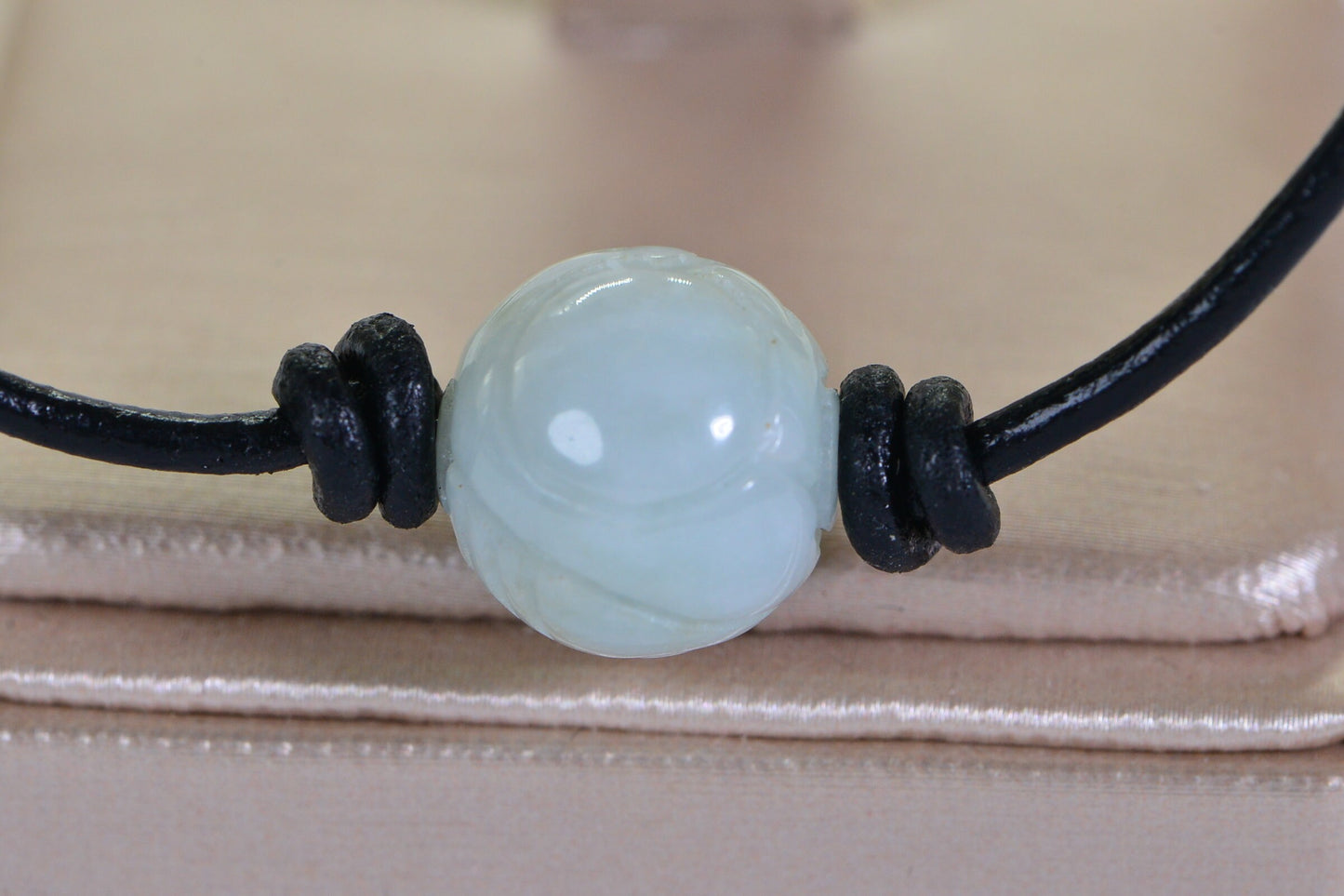 Ice Green Jade Necklace: Carved Burma Jade, Leather Cord Amulet