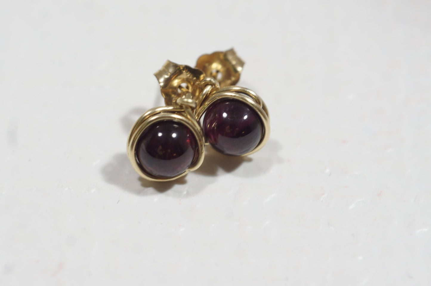 Garnet Stud Earrings, 14K Gold Filled Wire Wrapped Earrings
