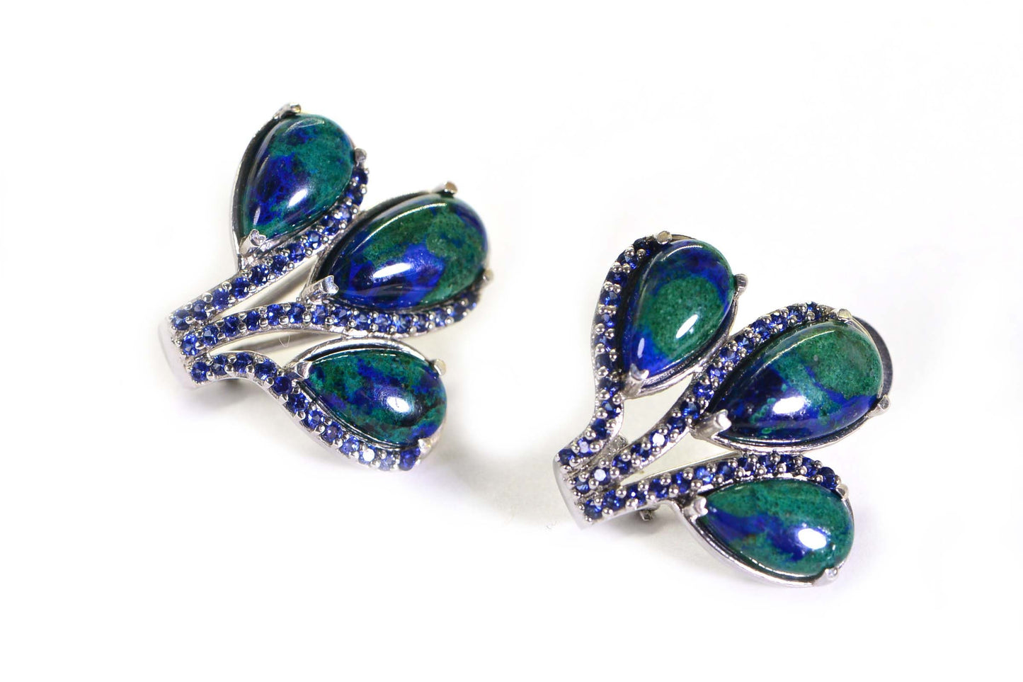 Azurite Malachite Sapphire Earrings: Sterling Silver Teardrop Studs