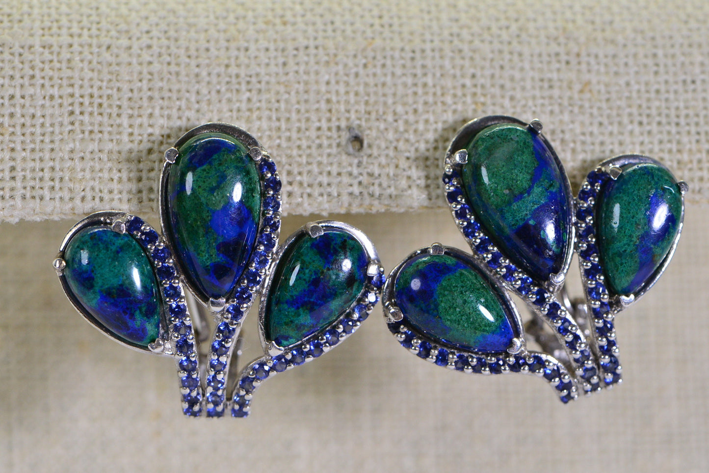 Azurite Malachite Sapphire Earrings: Sterling Silver Teardrop Studs
