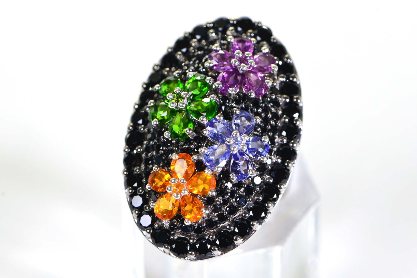 Sterling Silver Multi Gemstone Flower Ring: Black Onyx Cocktail Ring