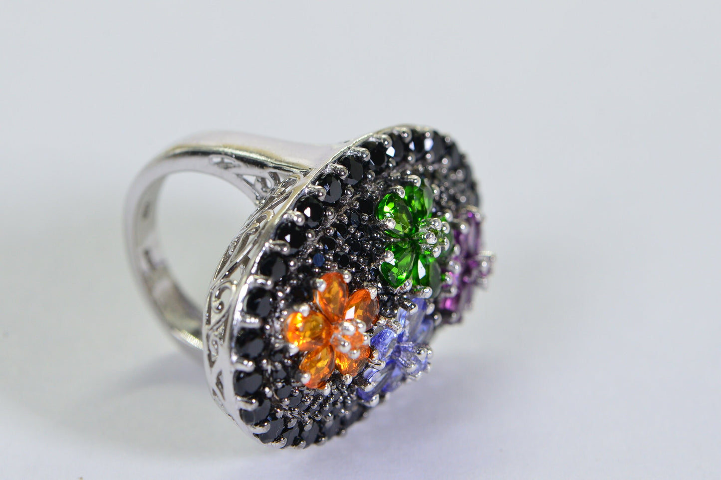 Sterling Silver Multi Gemstone Flower Ring: Black Onyx Cocktail Ring