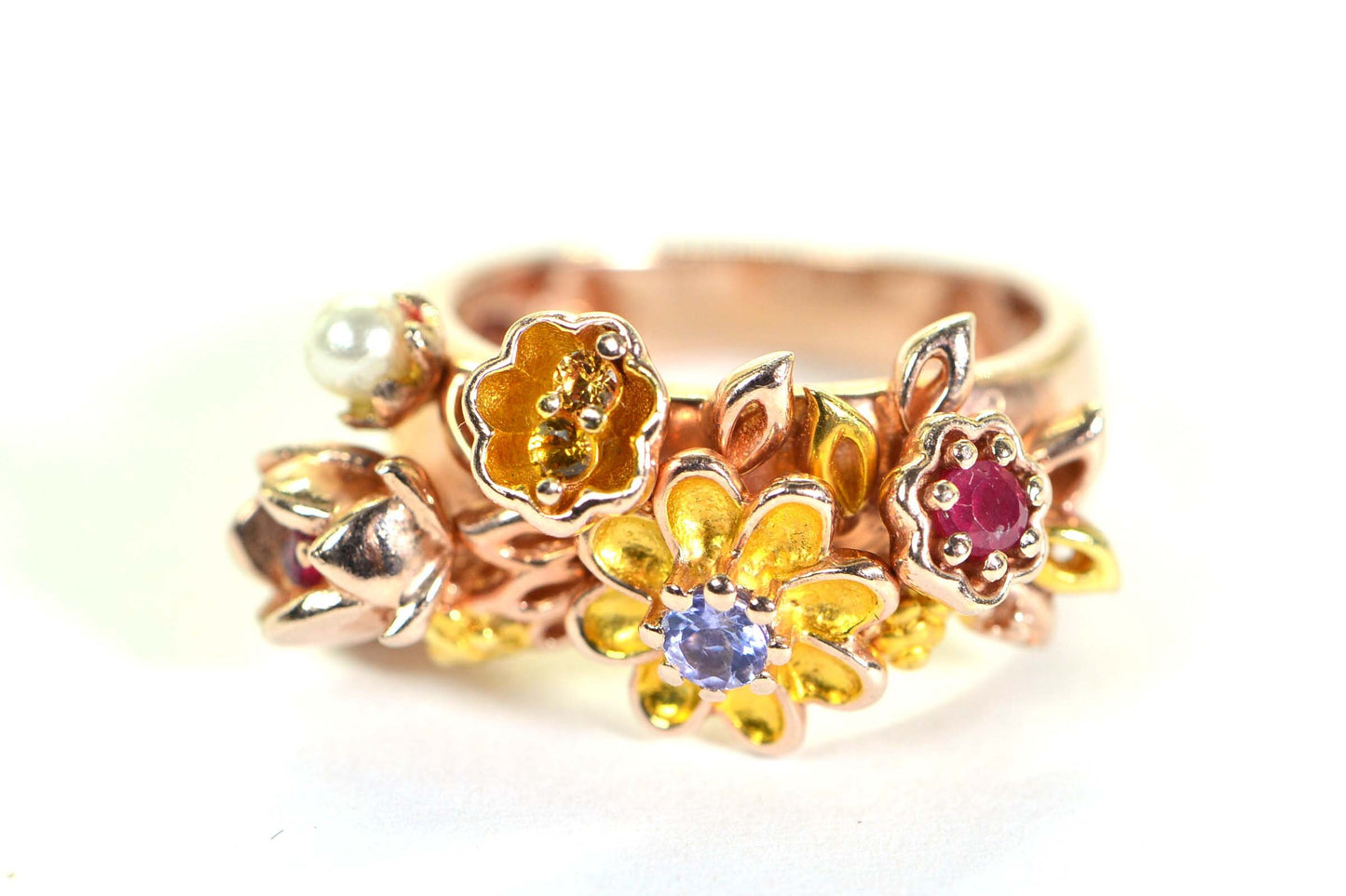 Multi Gemstone Flower Ring: Ruby, Tanzanite, Pearl, Rose Gold Vermeil, Size 6